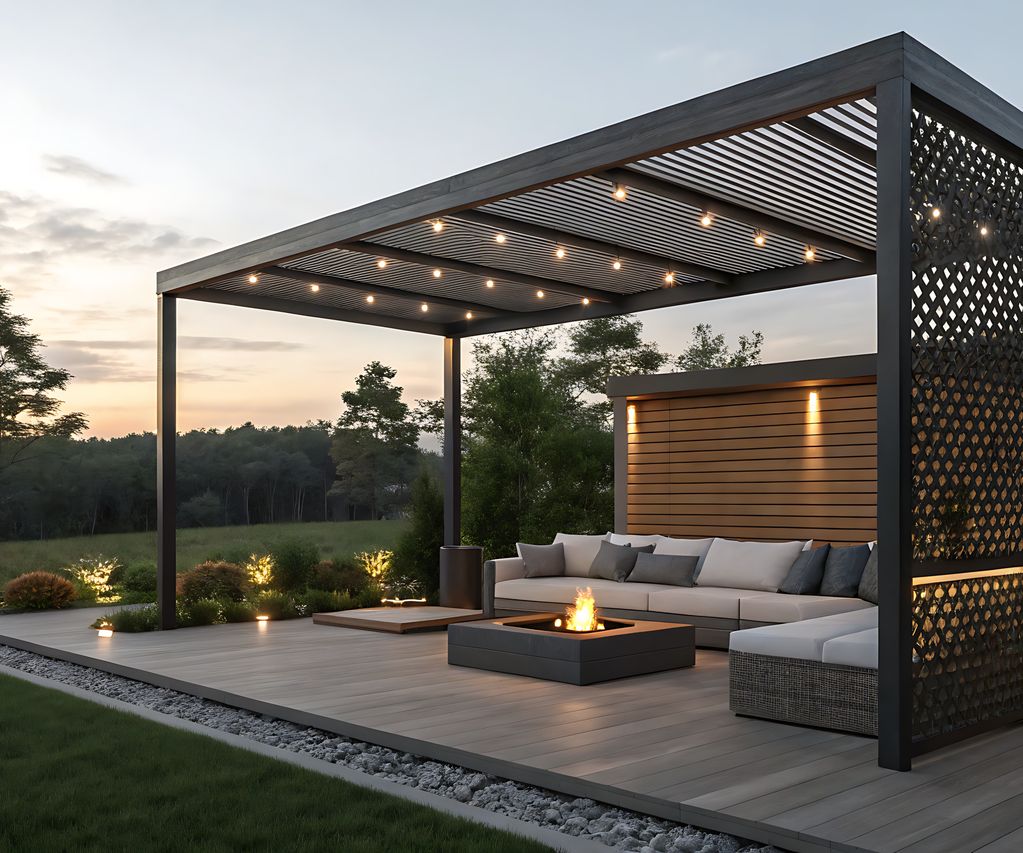 Moderne Terrasse mit Terrassendielen, schwarzer Pergola, Sitzlounge und Feuerstelle im Garten