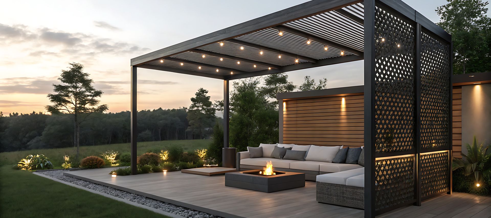 Moderne Terrasse mit Terrassendielen, schwarzer Pergola, Sitzlounge und Feuerstelle im Garten