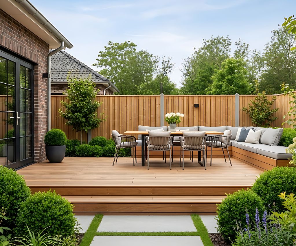 Terrasse mit Esstisch, Sitzbank und Gartenbepflanzung vor einer Klinkerfassade