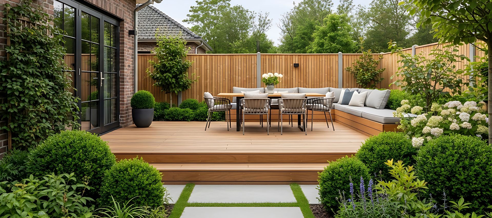 Terrasse mit Esstisch, Sitzbank und Gartenbepflanzung vor einer Klinkerfassade