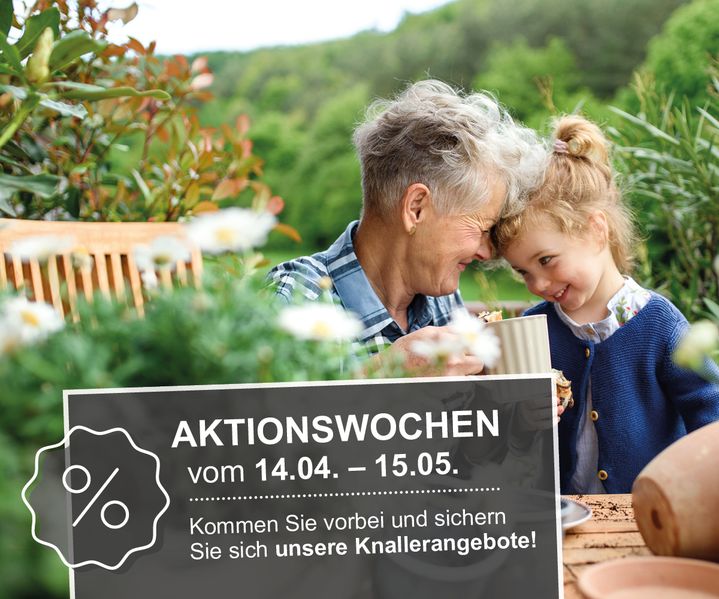 Elderly person and child smiling at a table outside; promotional text about action weeks from 14.04 to 15.05 in the foreground.
