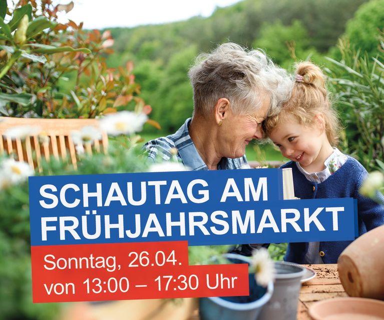 Elderly woman and young girl smiling in a garden setting, with event details for "Frühjahrsmarkt" on a banner.