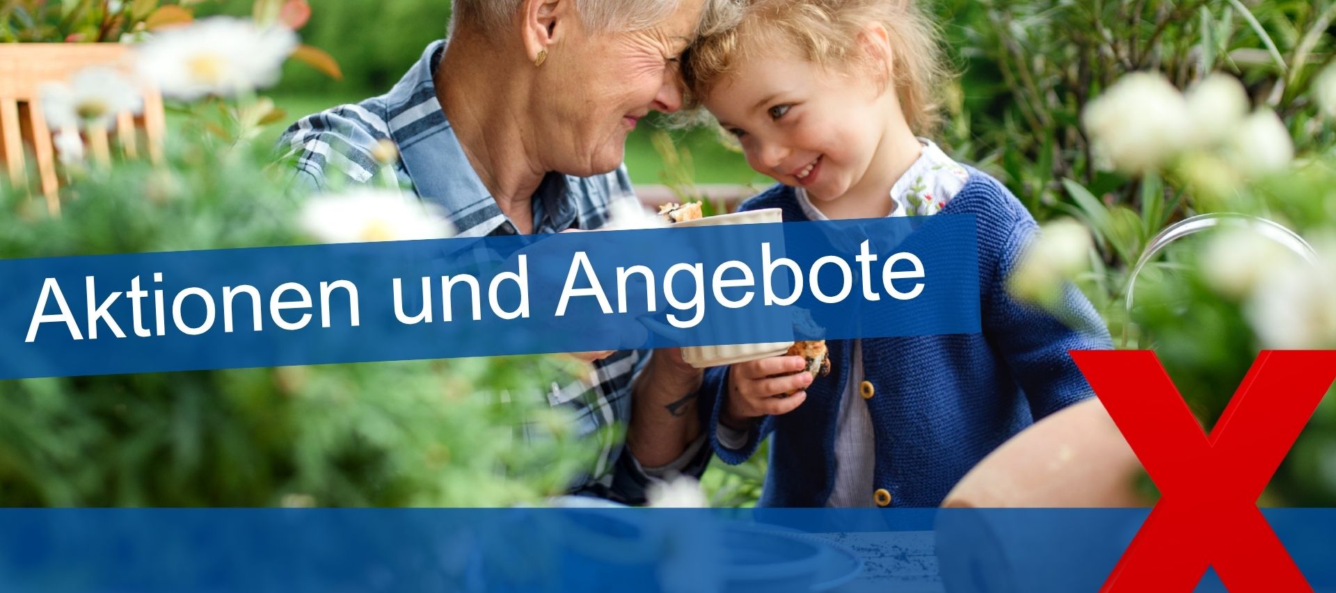 Text Aktionen und Angebote, rechts unten rotes X. Im Hinterbgrund Oma und Kind, die ihre Köpfe aneinanderhalten und sich freuen. bauXpert Große Beilage Vechta. holz und Baustoffhandel.