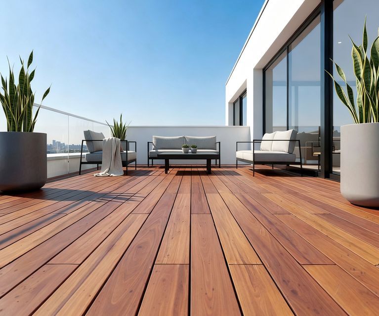 Großzügige Dachterrasse mit warmen Itauba-Holzdielen, modernen Loungemöbeln und Glasgeländer vor urbaner Skyline bei klarem Himmel