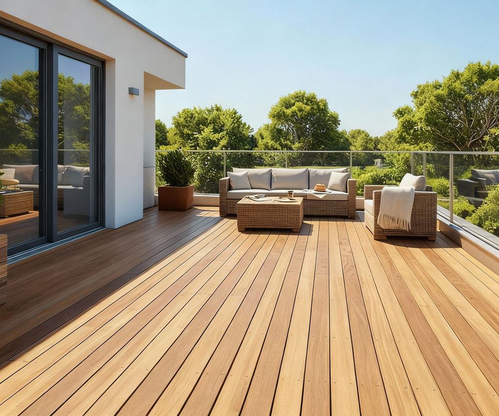 Tatajuba-Terrasse mit heller Holzoptik, moderner Lounge und Blick ins Grüne.