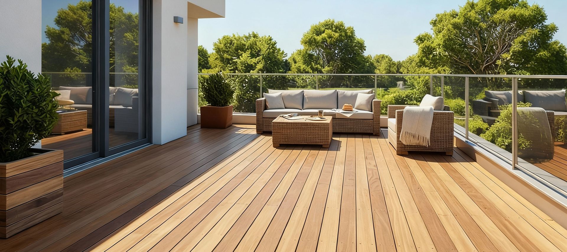 Tatajuba-Terrasse mit heller Holzoptik, moderner Lounge und Blick ins Grüne.