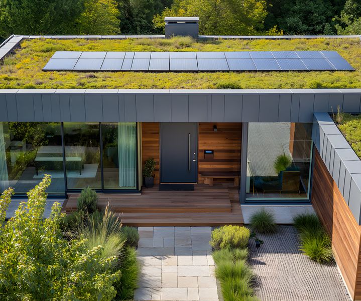 Flachdach-Haus mit Gründach und PV bauXpert Gr Beilage Vechta Holz Baustoffhandel