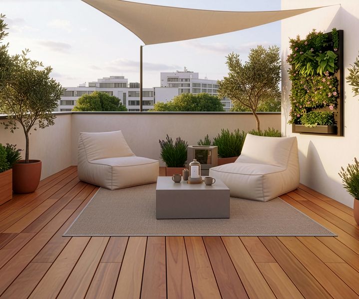 Hochwertige Garapa-Terrasse mit heller Holzoptik, Lounge-Möbeln und Sonnensegel auf einem Balkon.
