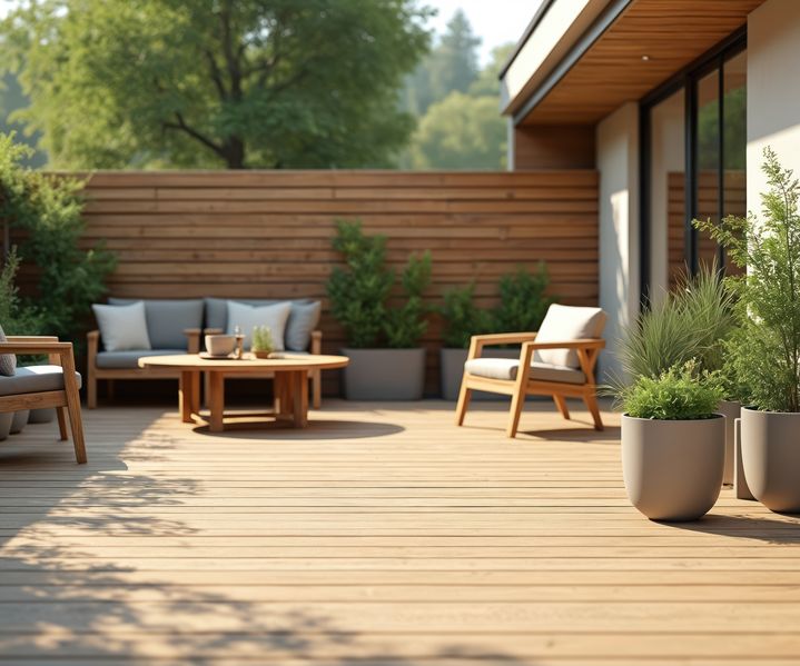 Moderne Terrasse mit Holz- oder WPC-Dielen, Lounge-Möbeln und bepflanzten Kübeln im privaten Garten