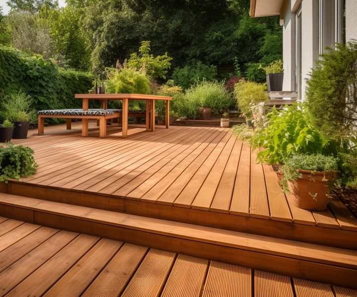 Holzterrasse mit Stufen, Sitzgruppe und üppiger Bepflanzung im Gartenbereich