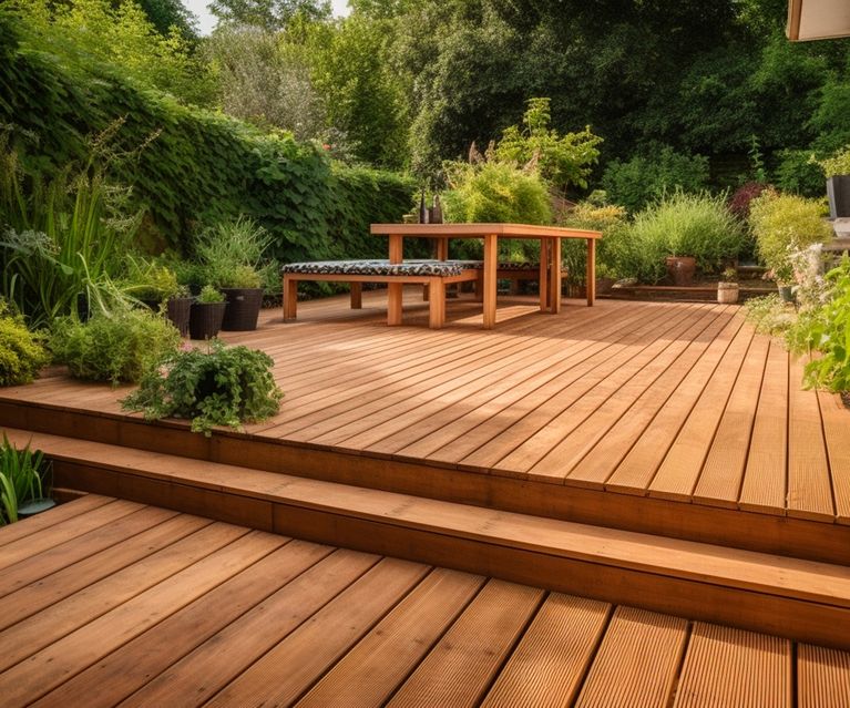 Holzterrasse mit Stufen, Sitzgruppe und üppiger Bepflanzung im Gartenbereich