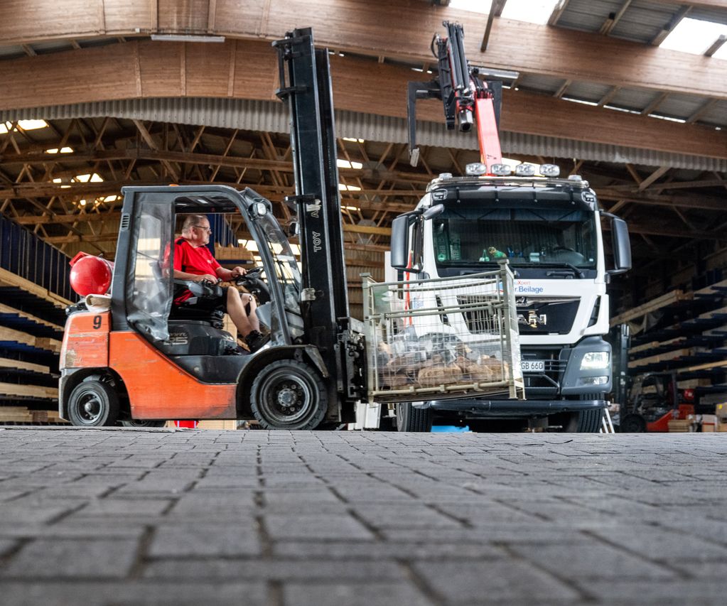 LKW wird von Gabelstapler beladen bauXpert Gr Beilage Vechta Holz Baustoffhandel