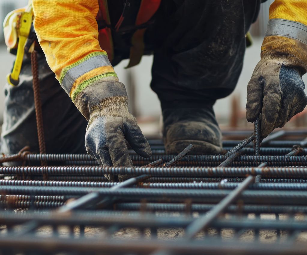Bauarbeiter verlegt Bewehrungsstahl für Fundamentarbeiten bei bauXpert Gr. Beilage in Vechta