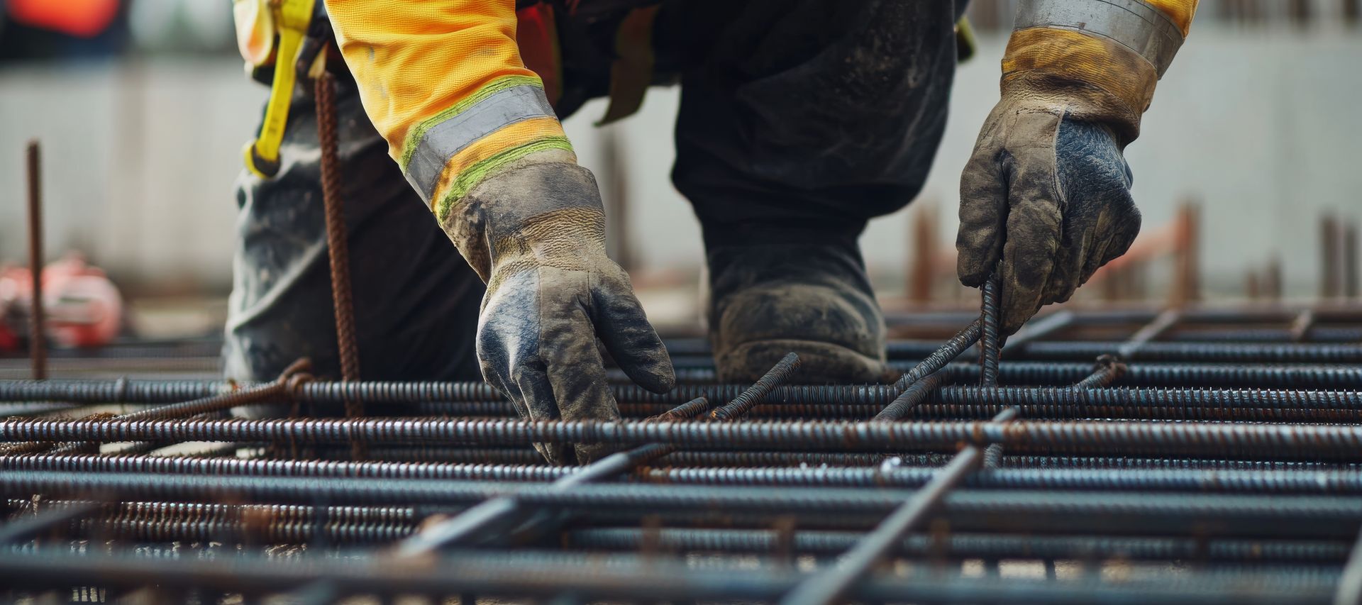 Bauarbeiter verlegt Bewehrungsstahl für Fundamentarbeiten bei bauXpert Gr. Beilage in Vechta