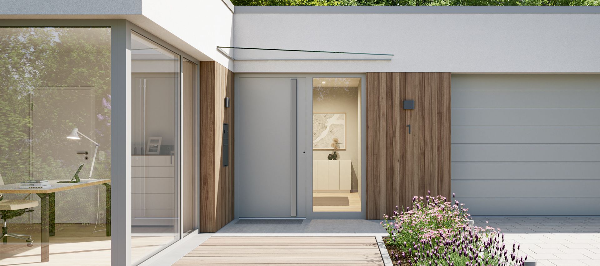 Moderner Hauseingang mit grauer Haustür, Holzfassade und Glasflächen