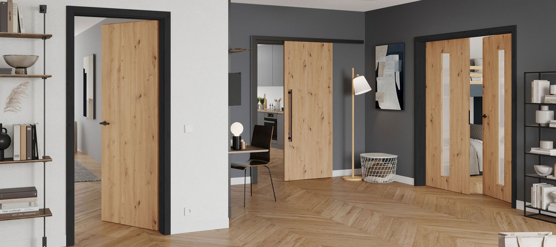 Wohnraum mit Innentüren in CPL Wildeiche und schwarzen Zargen, verlegt im Fischgrätparkett