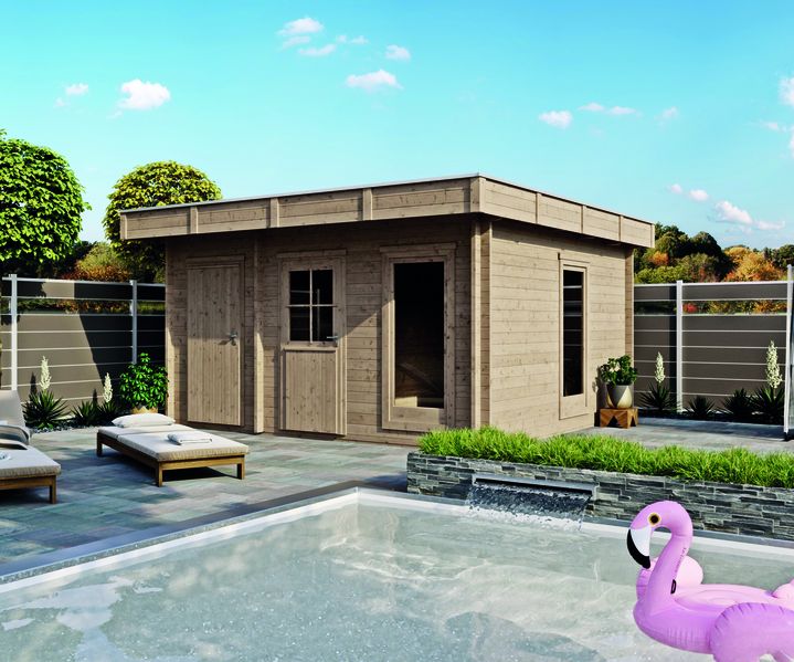 Kompaktes Saunahaus aus Holz mit zwei Räumen in moderner Gartengestaltung