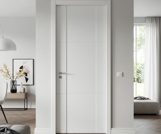 Weiße, flächenbündige Innentür in modernem Wohnraum mit Holzboden