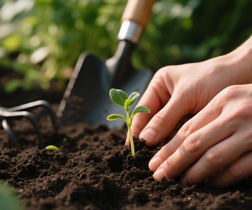 Hände pflanzen einen jungen Setzling in lockere Gartenerde