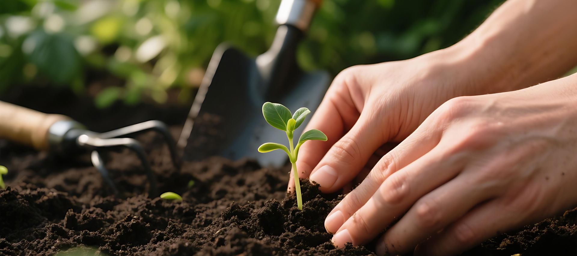 Hände pflanzen einen jungen Setzling in lockere Gartenerde