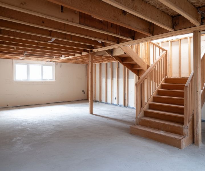 Unfertiger Kellerraum im Rohbau mit sichtbarer Holzbalkendecke, Betonboden und Holztreppe in das obere Geschoss.