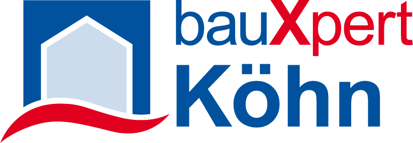 Logo von bauXpert Köhn mit stilisiertem Haus-Symbol in Blau und rotem Akzent