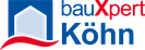 Logo von bauXpert Köhn mit stilisiertem Haus-Symbol in Blau und rotem Akzent