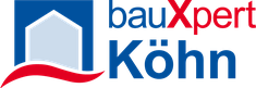 Logo von bauXpert Köhn mit stilisiertem Haus-Symbol in Blau und rotem Akzent