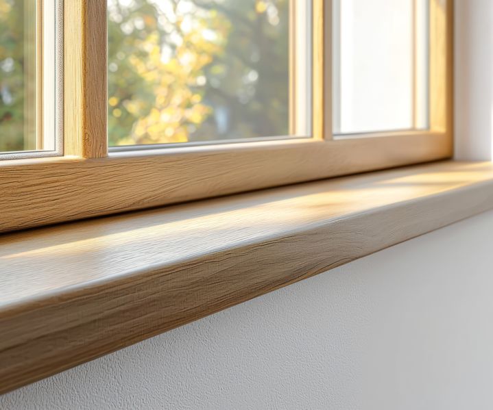 Holzfensterbank mit natürlicher Maserung und einfallendem Sonnenlicht