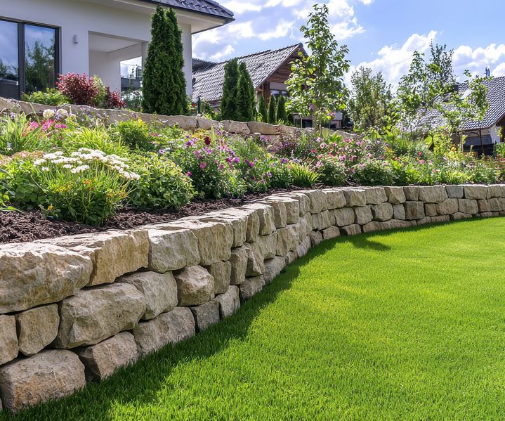 Geschwungene Trockenmauer aus hellen Natursteinen mit bepflanztem Hochbeet, davor sattgrüner Rasen in modern gestaltetem Wohnhausgarten.