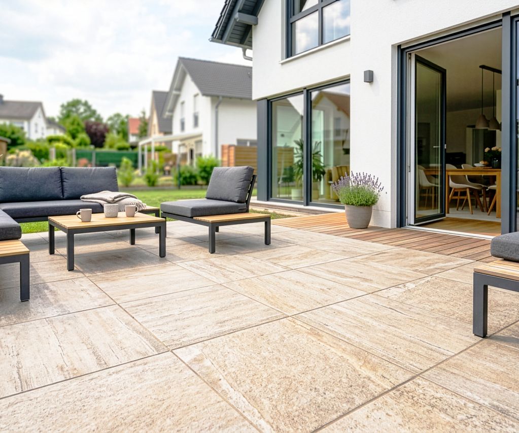 Moderne Terrasse mit beigen Keramikterrassenplatten, Lounge-Gartenmöbeln und direktem Zugang zum Wohnhaus.