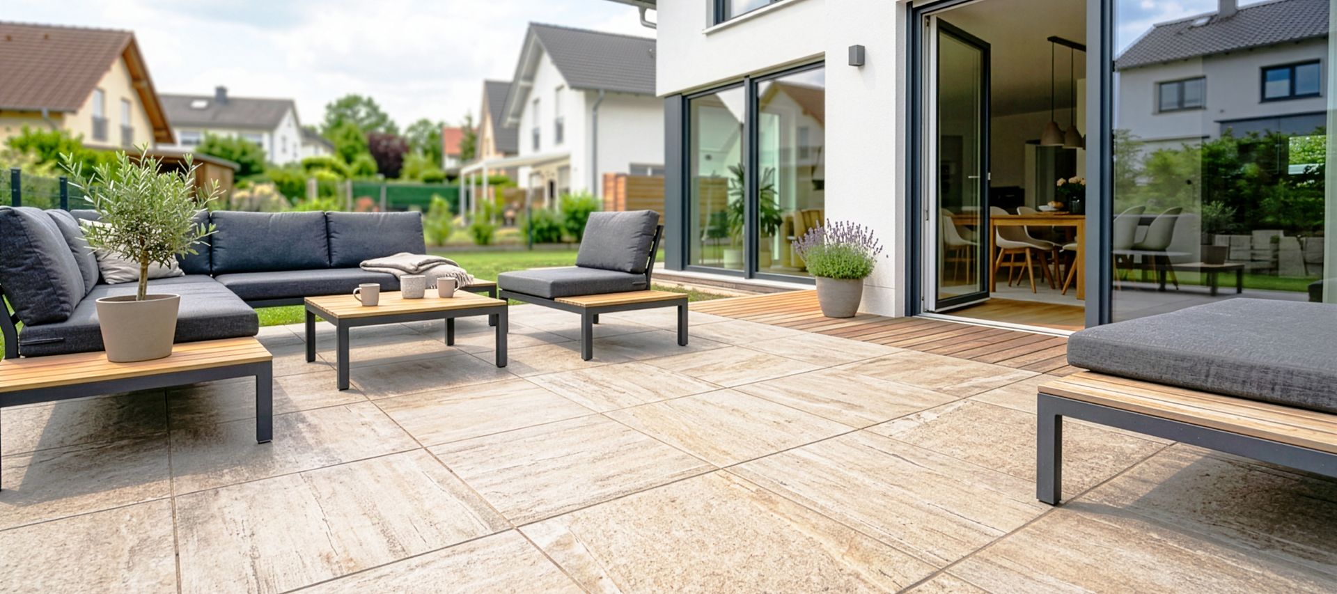 Moderne Terrasse mit beigen Keramikterrassenplatten, Lounge-Gartenmöbeln und direktem Zugang zum Wohnhaus.