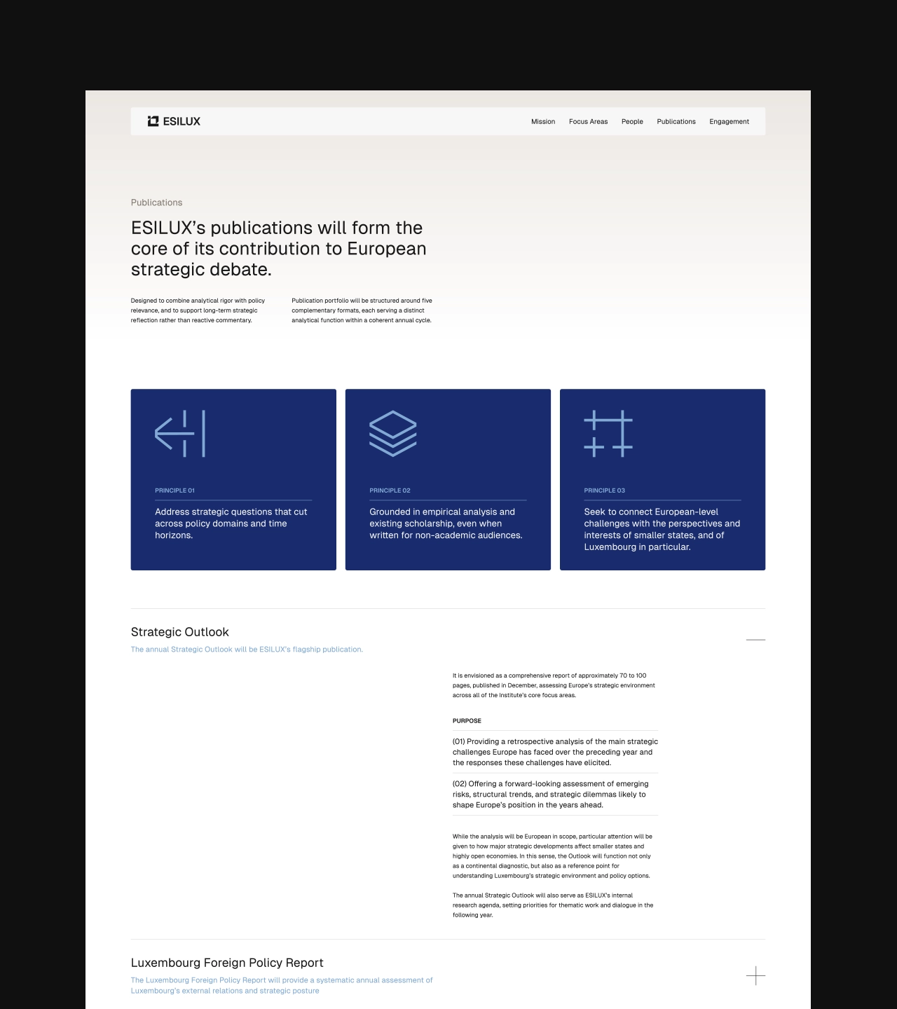 ESILUX publications page UI design showing three core editorial principles and Strategic Outlook section on light background