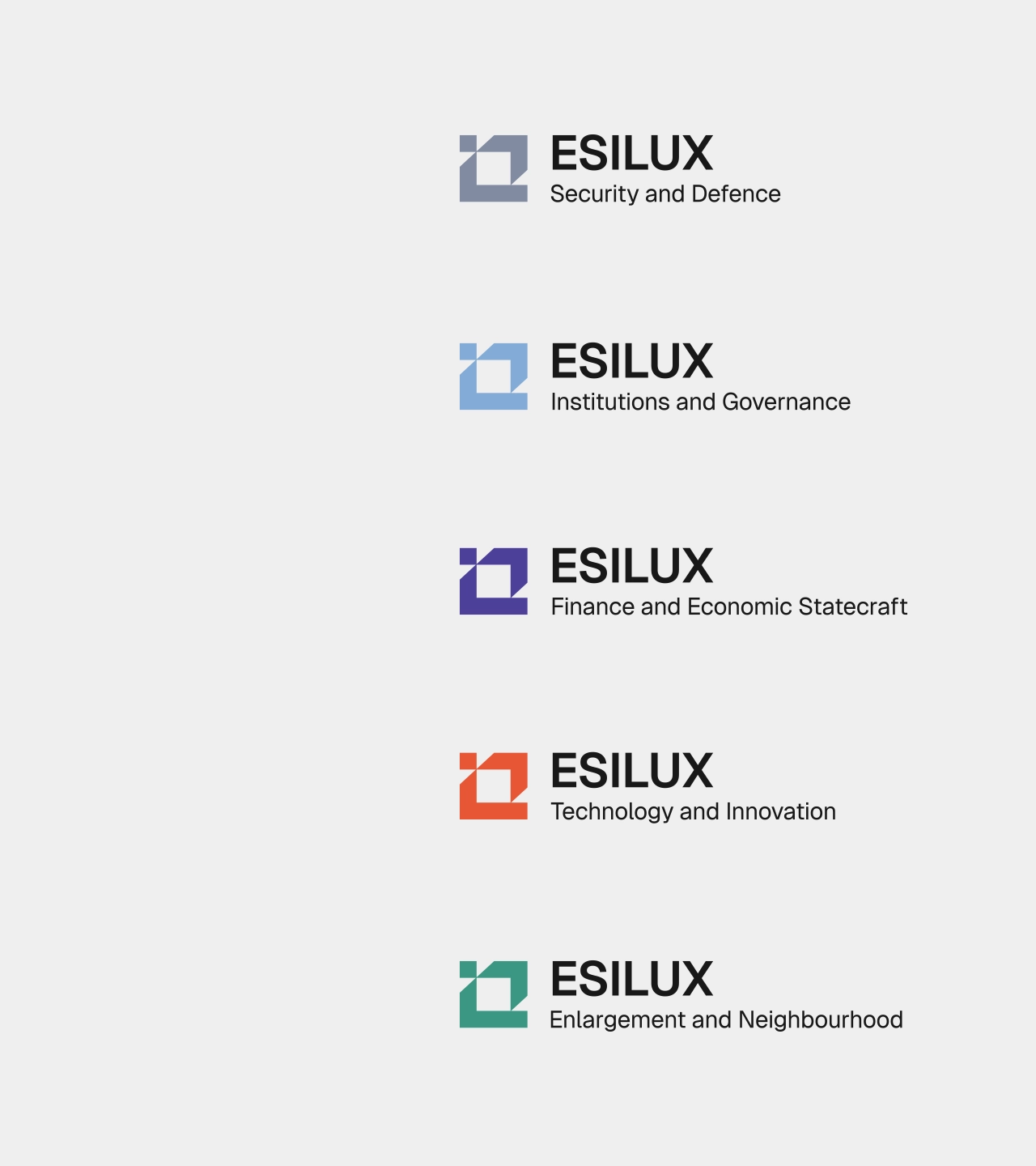 ESILUX sub-brand logo system showing five colour-coded divisions — Security and Defence, Institutions and Governance, Finance and Economic Statecraft, Technology and Innovation, and Enlargement and Neighbourhood