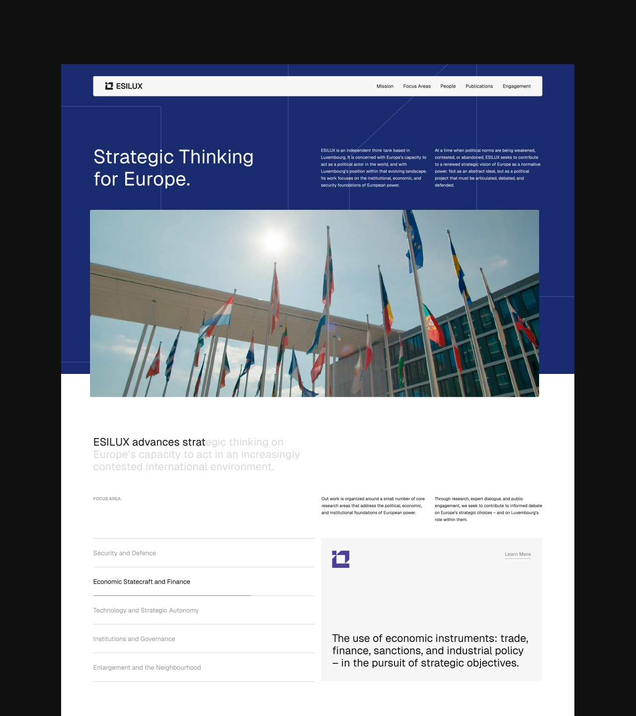 ESILUX website homepage design featuring Strategic Thinking for Europe headline, European flags photography, and focus area navigation