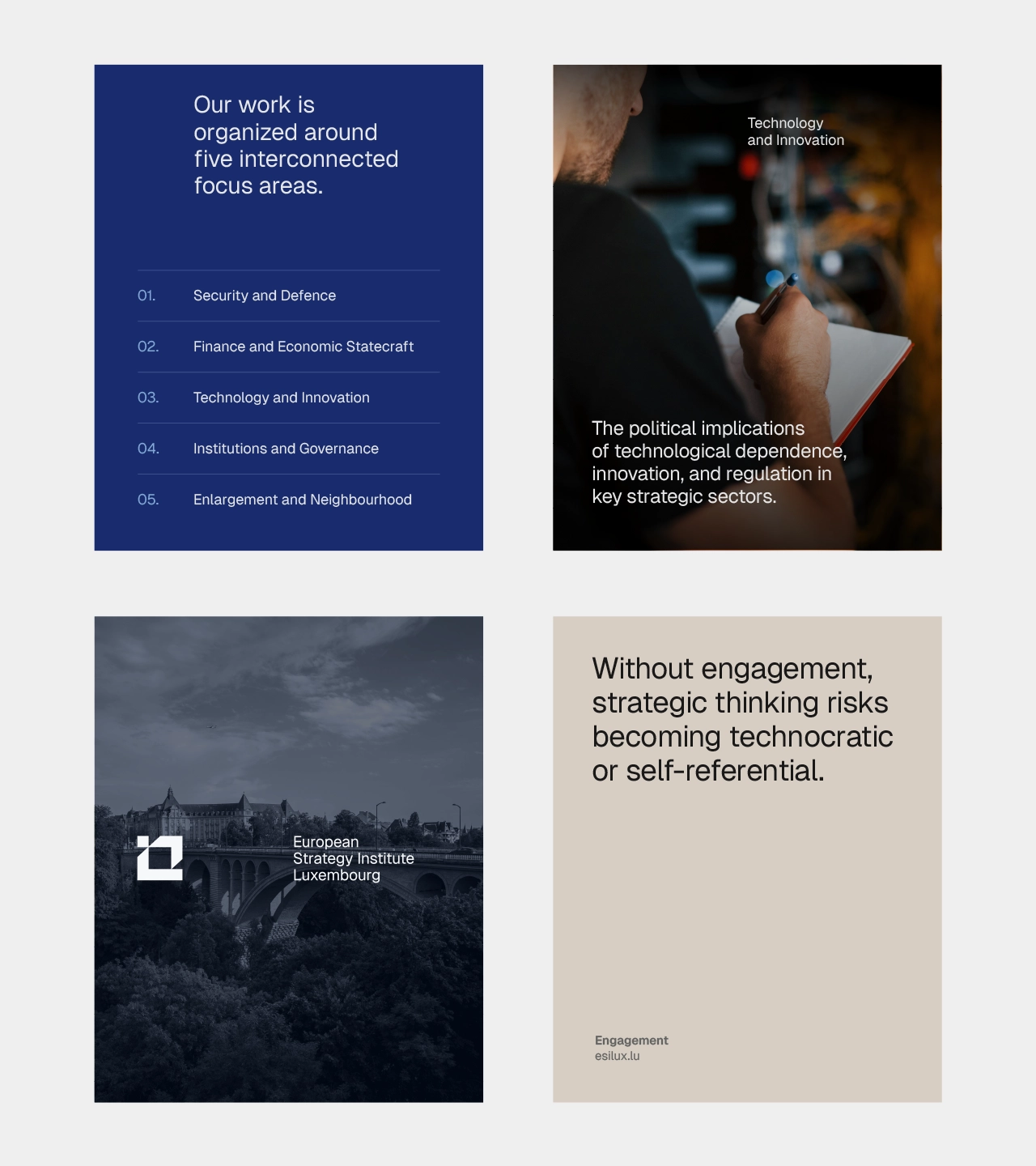 ESILUX social media content design — four-panel layout showing focus areas list, Technology and Innovation card, Luxembourg bridge landscape, and engagement quote