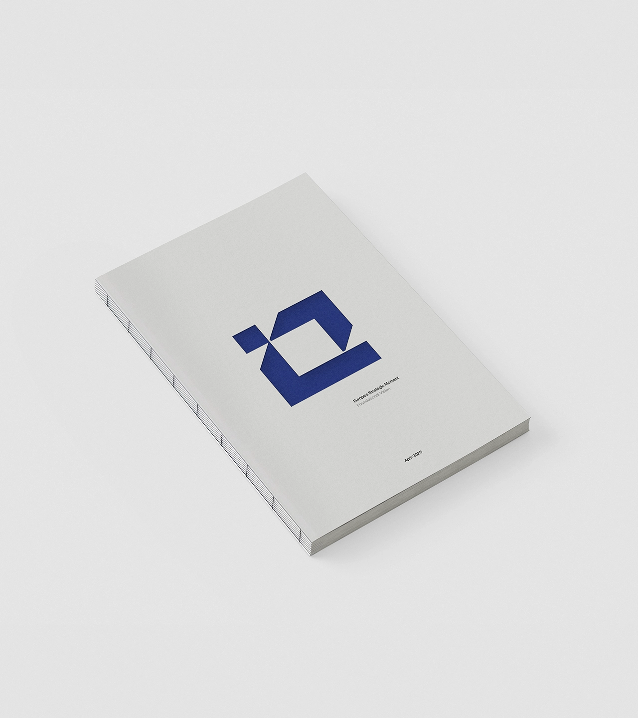 ESILUX branded research report mockup — saddle-stitched booklet with navy geometric symbol on grey cover, titled Europe's Strategic Moment