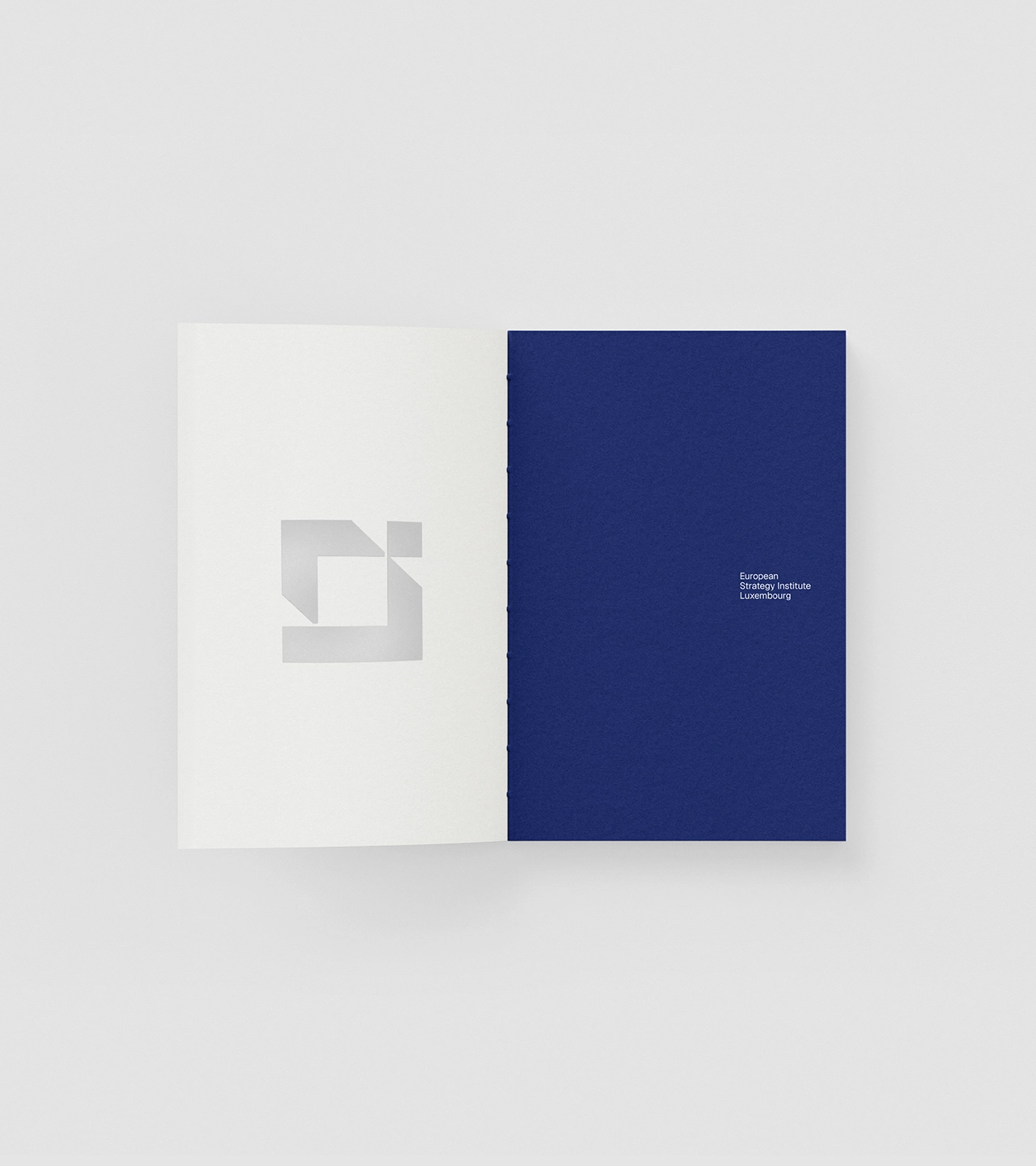 ESILUX publication open spread showing embossed grey logo on white inner page alongside deep navy blue back cover with white wordmark