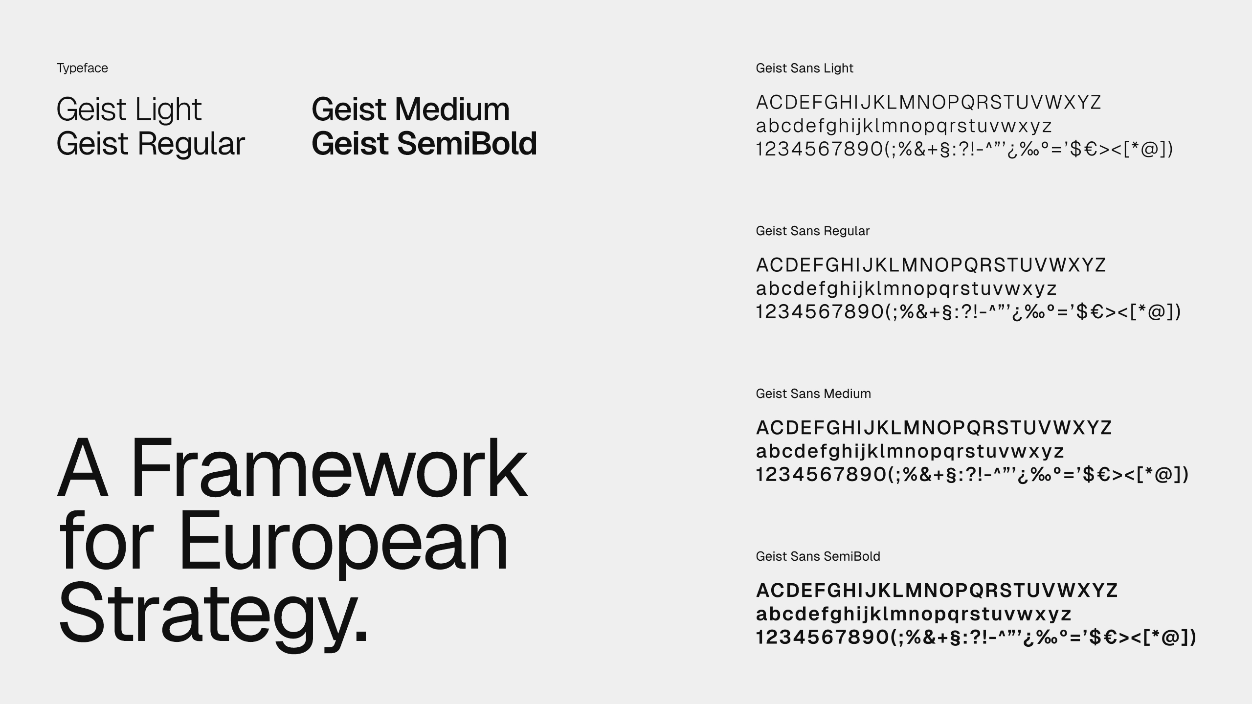 ESILUX brand typography system showing Geist Sans typeface in Light, Regular, Medium, and SemiBold weights with specimen text