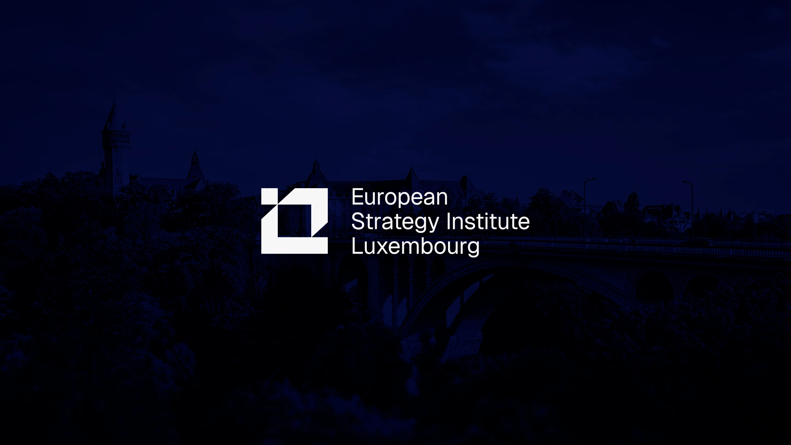 ESILUX European Strategy Institute Luxembourg white logo overlaid on a dark navy aerial cityscape of Luxembourg