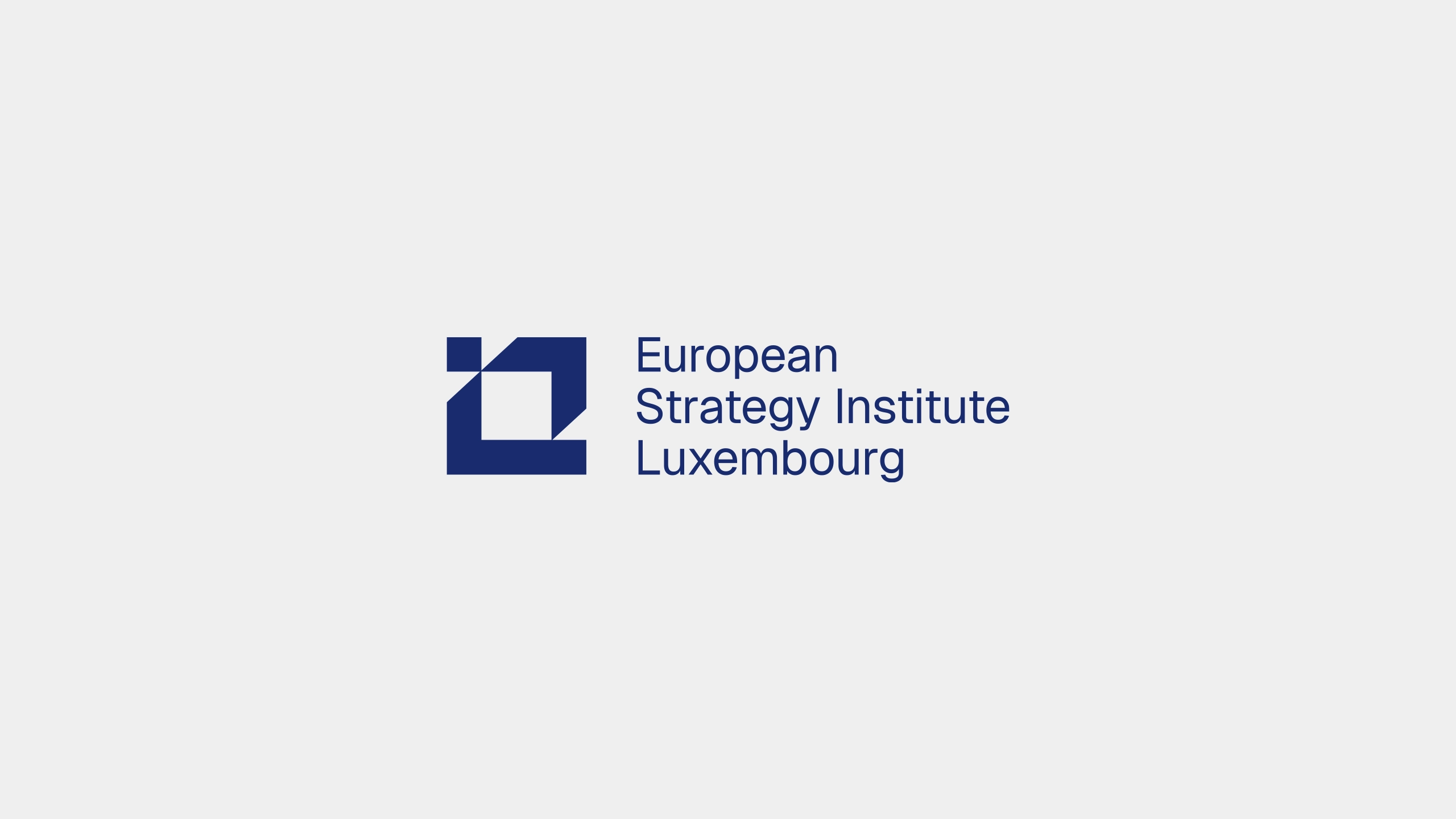 European Strategy Institute Luxembourg logo on light grey background — dark navy square geometric icon with white cutout beside full organization name in navy sans-serif typeface