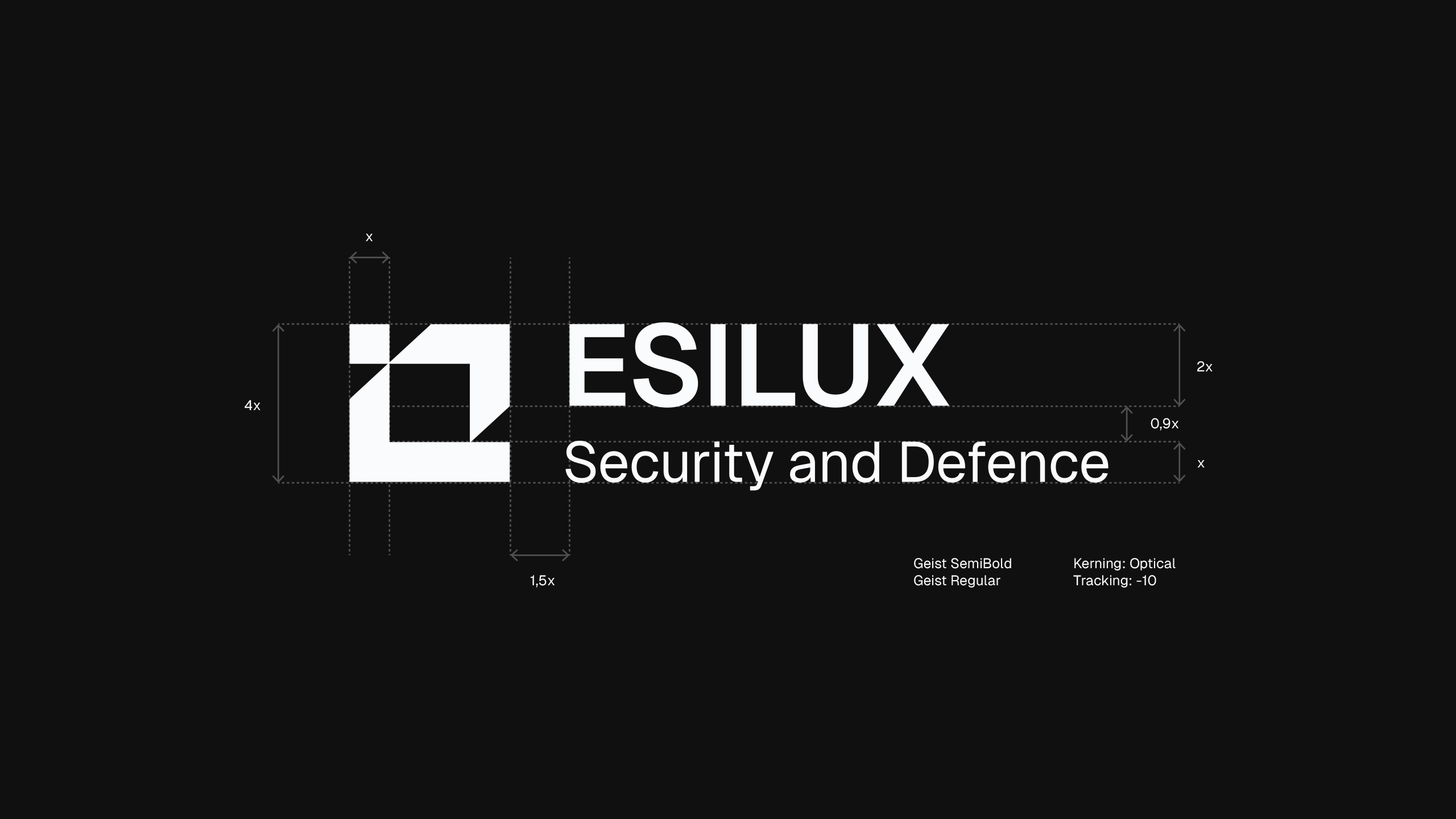 ESILUX Security and Defence brand logo construction diagram on black background showing spacing grid, proportions, and typography specifications using Geist SemiBold and Geist Regular fonts