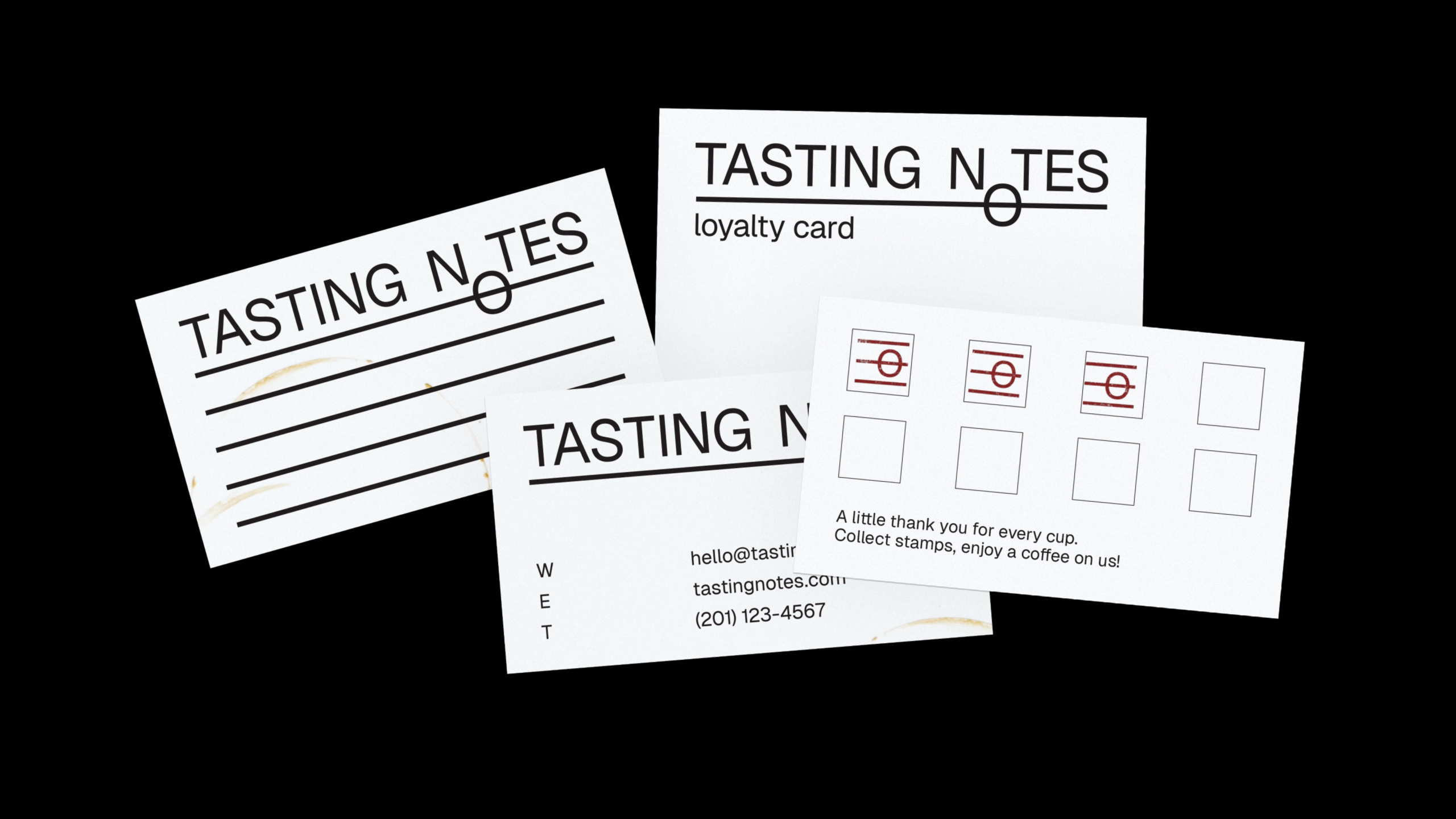 business card front and back, loyalty card front and back with red stamps, black background