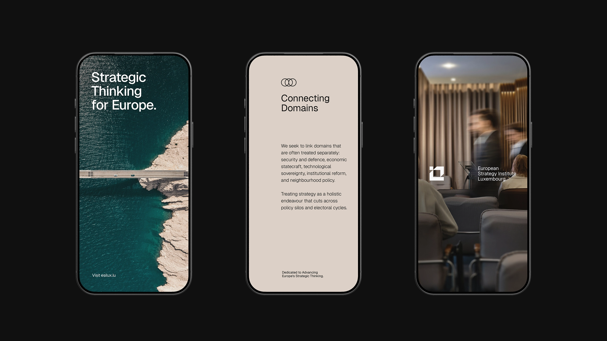 Three smartphone screens displaying ESILUX mobile brand design — Strategic Thinking for Europe campaign, Connecting Domains content slide, and conference event visual