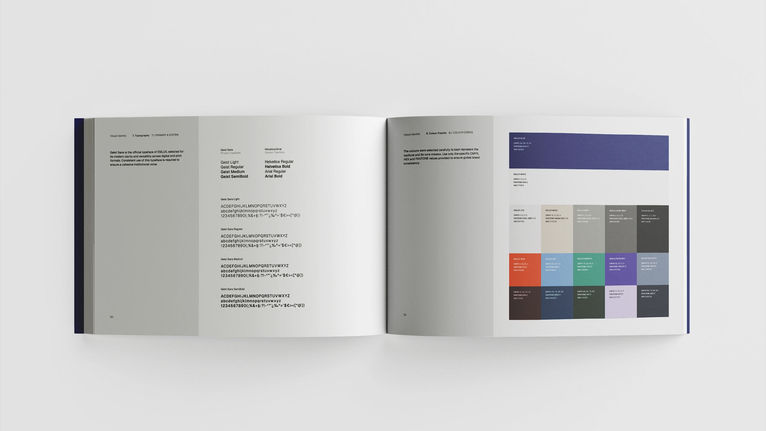 ESILUX brand guidelines booklet open to typography and colour palette pages, showing Geist Sans typeface specimens alongside official CMYK, HEX, and Pantone brand colour swatches including ESILUX Blue