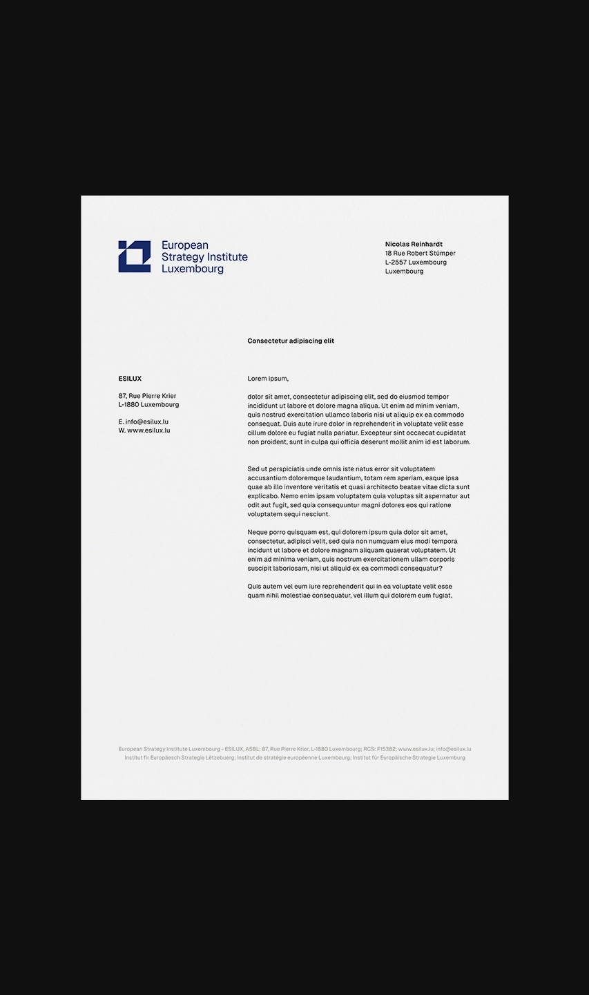 ESILUX branded institutional letterhead design featuring navy blue logo, formal layout, and Luxembourg address on white paper