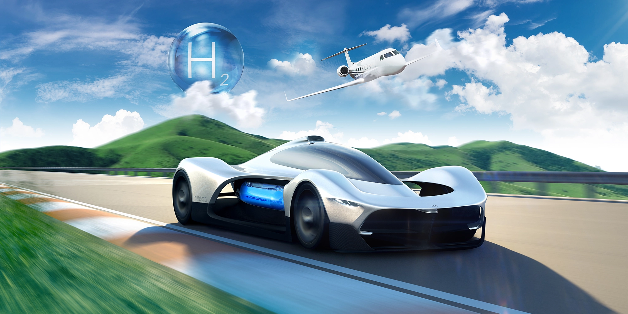 A sleek hydrogen-powered car speeds along a scenic road with green hills and a jet flying in the blue sky above.