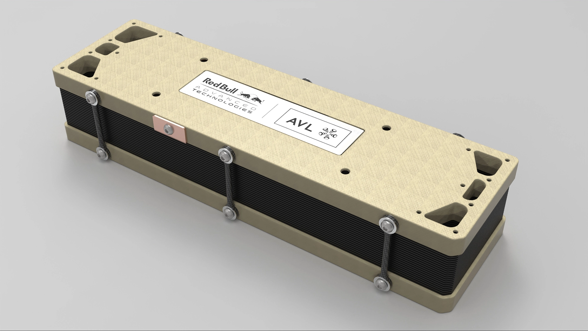 A rectangular metal enclosure with a beige top and black sides, featuring logos for Red Bull, AVL, and World Engines, secured with bolts.