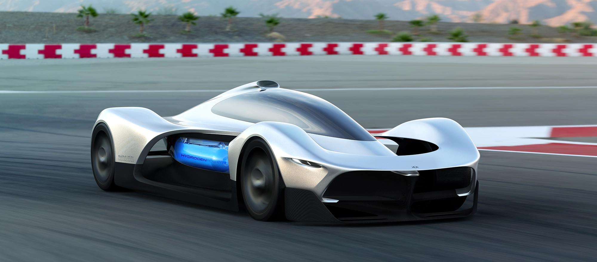 Futuristic sports car with a sleek design and glowing blue accents, racing on a track with a mountainous backdrop.