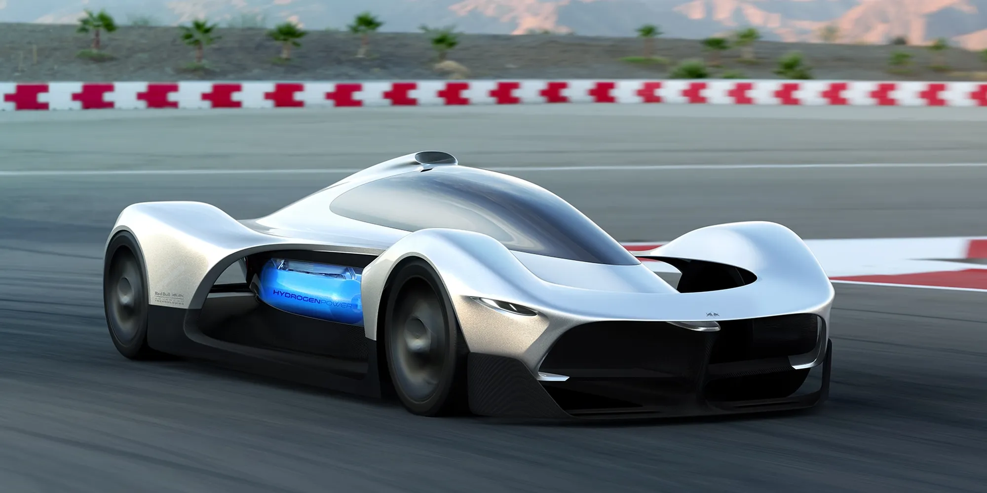 Futuristic sports car with a sleek design and glowing blue accents, racing on a track with a mountainous backdrop.